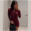 Sexy Burgundy Deep V-neck Mini Dress Women Elegant Full Sleeve Shoulder Pads Pleated Slim Short Dresses Lady Evening Party Gowns