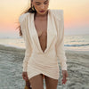 Deep V-Neck Shoulder Pads Gathered Dress Women Sexy Hip Wrap Slim Cross Dress Female Daily Dating Party Dress