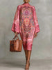 Women's Vintage Elegant Printed High Neck Kaftan Dress Long Sleeves Loose Elegant Evening Midi Dresses Robe