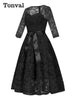 Sweetheart Neck Elegant Lace Long Swing Dress Women 3/4 Length Sleeve Belted Spring Autumn Vintage Ladies Midi Dresses