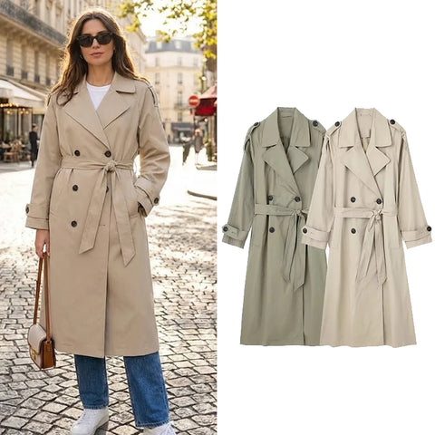 Women With Belt Solid Double Breasted Trench Vintage Lapel Neck Long Sleeves Female Chic Lady Outfits