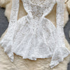Women's Autumn Mesh Lace Hollow Out White Short Dress Women Micro Flare Sleeve See Through Translucent Sexy Girl's Mini Dress