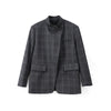 Women Irregular Plaid Blazer Jacket Stand Collar Full Sleeve Split Loose Short Coat Female Daily Commute Outerwear