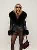 Black Faux Fur Collar Leather Jacket Elegant Lapel V-neck Waist Cinching Long-sleeved Short Coats Lady Winter Commute Coat