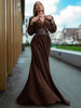 Dresses For Women Plunging V Neck High Waist Belt Long Sleeves Wedding Party Dress Brown Gowns