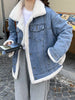 Add Velvet Padded Warm Denim Jacket Female Winter Long Sleeve Short Coat Lamb Cashmere Cotton-padded Jacket Female
