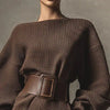 Fall Winter Solid Color Knit Sweater Dress Woman Sexy Slash Neck Sashes Slim Mini Dress Retro Batwing Long Sleeve Pullover Dress