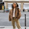 Elegant Hooded Plush Short Coat Women Retro Chic Suede Single Breasted Jackets Coats Female Winter Casual Street Outwear