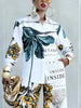 Women's 2-Piece Floral Letter Print Outfit, Long Sleeve Button-Down Shirt & High Waist Wide Leg Pants, Elegant Casual Co-ord Set