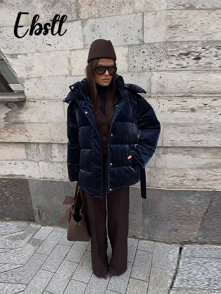 Warm Glossy Hooded Lace-up Cotton Coats Winter Female Casual Zipper Bottons Belted Overcoat Women's Solid Streetwear