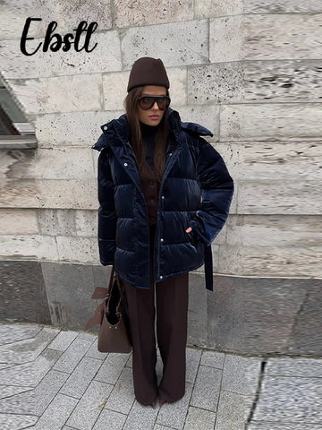 Warm Glossy Hooded Lace-up Cotton Coats Winter Female Casual Zipper Bottons Belted Overcoat Women's Solid Streetwear
