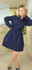 Spring Fall Mori Girl Women Loose Dress Stand Collar Polka Dot Navy Blue Mini Dress Cotton Long Sleeve Short Cute Flannel Dress