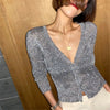 Korean Pearl Button Women Bright Silk Thin Sweater Coat Sexy V-Neck Knitwear Tops Korean Gold Silver Knitted Cardigan