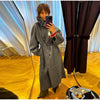 Retro Solid Stand Collar Long Tweed Coat Women Large Lapel Single Breasted Coats With Belt Lady Chic Street Outwear