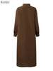 Women's Gathered Front Maxi Dresses Fall Solid Color Turn-Down Collar Long Sleeve Half Buttons Shirtdress Commuting