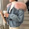 Winter Denim Jacket Hooded Coat Women Removable Fur Collar Fleece Lined Jeans Jacket Warm