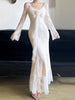 Aoaiiys French Dress Women's V-Neck 3D Floral Lace Splicing Slim Long Dress Elegant Long Sleeve White Dresses Spring Autumn