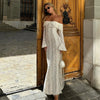 Vintage Hollow Out Floral Lace Off Shoulder Maxi Dress Women Flare Long Sleeve Slim Dresses Elegant Lady Party Robe