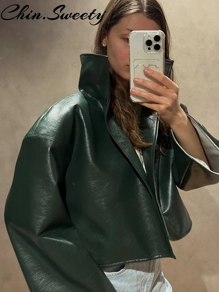 Urban Solid Pu Leather Women Jacket Street Stand Collar Long Sleeve Female Outwear Autumn Winter Lady Streetwear