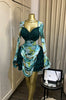 Women Tie Dye Print Ruffles Long Sleeve Bodycon Ruched Draped V-neck Dress Fall Street Birthday Vacation Dresses