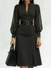 Women Denim Midi Dress Sheer Mesh Long Sleeve Stand Collar Belted A-Line Elegant Casual Office Party Dress