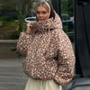 Women Deer Spotted Hooded Puffer Jacket Brown White Dots Drawstring Hood Cropped Elastic Cuff Coats Warm Winter Casual Outerwear