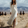 Vintage Spring U Neck Button Pleated Long Dress Woman Solid Split Boho Dress Autumn Long Sleeve Slim Maxi Dress Vestidos