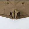 Women Khaki Cargo Two‑Piece Outfit Stand Collar Gold Button Slim Jacket High Waist Shorts Autumn Vintage Street Matching Set