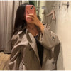 Women Short Trench Coat Jacket Plaid Lapel Double Breasted Belted Waist Loose Long Sleeve Checkered Cropped Lady Autumn Coat