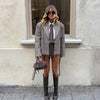 Women Checked Lapel Jacket Shorts Set Long Sleeve Buttons Belt Pocket Loose Blazer Suit Lady Office Commute Outfit