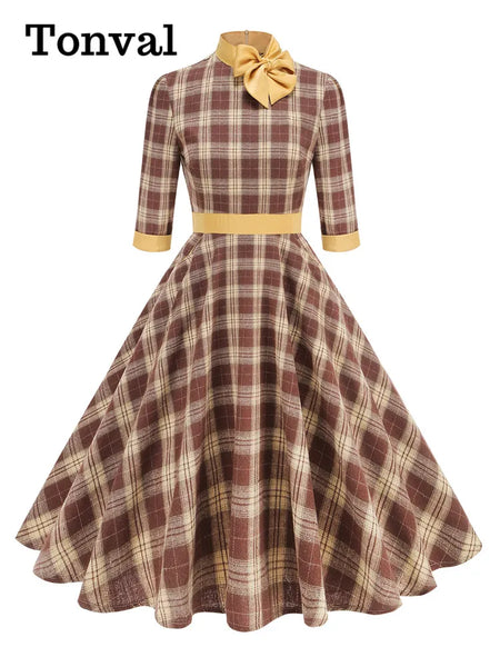 Mock Neck Bowknot Plaid 50s Vintage Dresses for Women 3/4 Length Sleeve Autumn Winter Elegant Pockets Midi Dresses