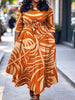 Plus Size Women Leaf Print Midi Dress, 3/4 Sleeve Tie Waist A Line Flowy Dress With Pockets