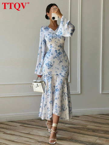 Slim Print Women's Dress Spring O-Neck Long Sleeve Ankle Length Dresses Lady Elegant Classic Pleated Female Dress