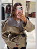 Women Cropped Trench Coat Faux Leather Spliced Epaulets Belted Waist Loose Fit Khaki Short Jacket Vintage Ladies Outerwear