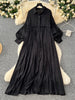Spring Vintage Loose Dresses Women Lantern Sleeve Turn-down Collar Solid Single Breasted Casual Folds Long Dress