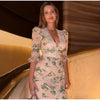 Elegant Ruffle Women's Long Dresses V Neck Half Sleeve Button Waist Cinching Pleated Dress Spring Lady Party Robes
