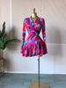 Women Tie Dye Print Flare Long Sleeve V-neck Sashes Ruffle Mini Dress Elegant Sexy Vacation Party Birthday Dresses