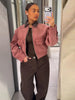 Pink Corduroy Cropped Jacket For Women Casual Contrast Collar Long Sleeve Zipper Coat Lady Spring Chic Streetwear