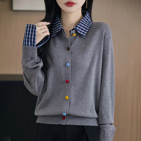 Fake Two Piece Spliced Sweater Jacket Women Autumn Long Sleeve Loose Shirt Collar Knitted Cardigan Ladies Casual Knit Female
