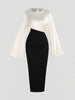Women Maxi Dress Bell Sleeve Color Block Satin Bodycon Casual Dresses Elegant Spring Sexy Evening Wedding Guest Party Date Dress