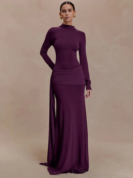 Solid Color Elegant High Neck Long Sleeve Ruched Ribbon Dress Women Bodycon Party Club Evening Dress Winter