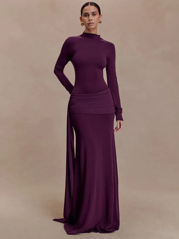 Solid Color Elegant High Neck Long Sleeve Ruched Ribbon Dress Women Bodycon Party Club Evening Dress Winter
