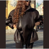 Drawstring Waist Brown Textured PU Leather Jacket Women High Neck Asymmetric Zip Button Detail Oversized Full Streetwear