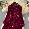 Women Rhinestone Lace Up Dresses Velvet Solid Dress A Line Lantern Sleeve Ankle Lenth Single Breasted Casual Elegant Autumn