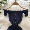 Pink Solid Button Front Spaghetti Dress Sexy Knit Slash Neck Mini Dress Bodycon Women's Clothing Outfits Ruffles