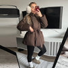 Elegant Women's Padded Jacket With Belt Winter Lace Up Waist Cinching V Neck Warm Coats Lady Casual Street Outerwear