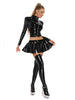 Women Glossy 2-piece PU Leather Club Outfits Long Sleeve Front Zipper Crop Jacket and Pleated Miniskirt Set for Pole Dance Raves