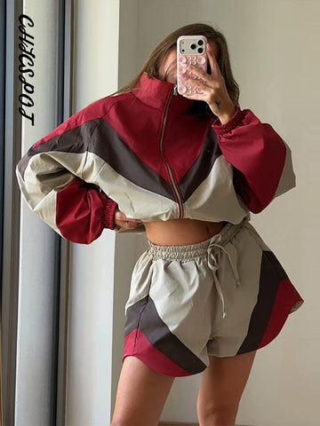 Women's Shorts 2 Pcs Sets Panelled Lantern Long Sleeve Ruched Zipper Loose Coats Lace Up Short Pants Chic Lady Sporty Outfit