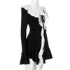 Sexy Black White Patchwork Ruffles Short Dress Women's Long Flare Sleeve Lace-up Evening Party Mini Dresses Female Blue Pink Red