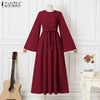 Women Muslim Maxi Dress Solid Color O-Neck Long Sleeve Turkish Abaya Robe Casual Elegant Party Oversized Vestidos
